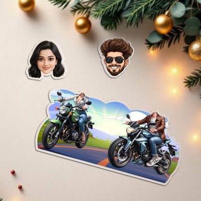 Personalized Biker Couple Caricature Standee with Battery Powered Moving Head Custom Cartoon Photo Cutout for Motorcycle Lovers Tabletop Decor